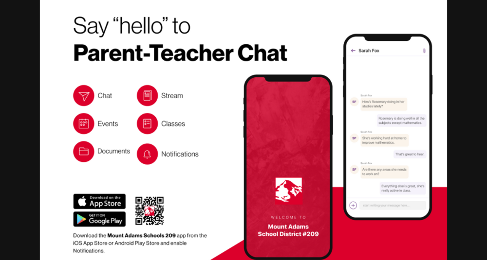 "say hello to parent teacher chat" flyer with image of open app